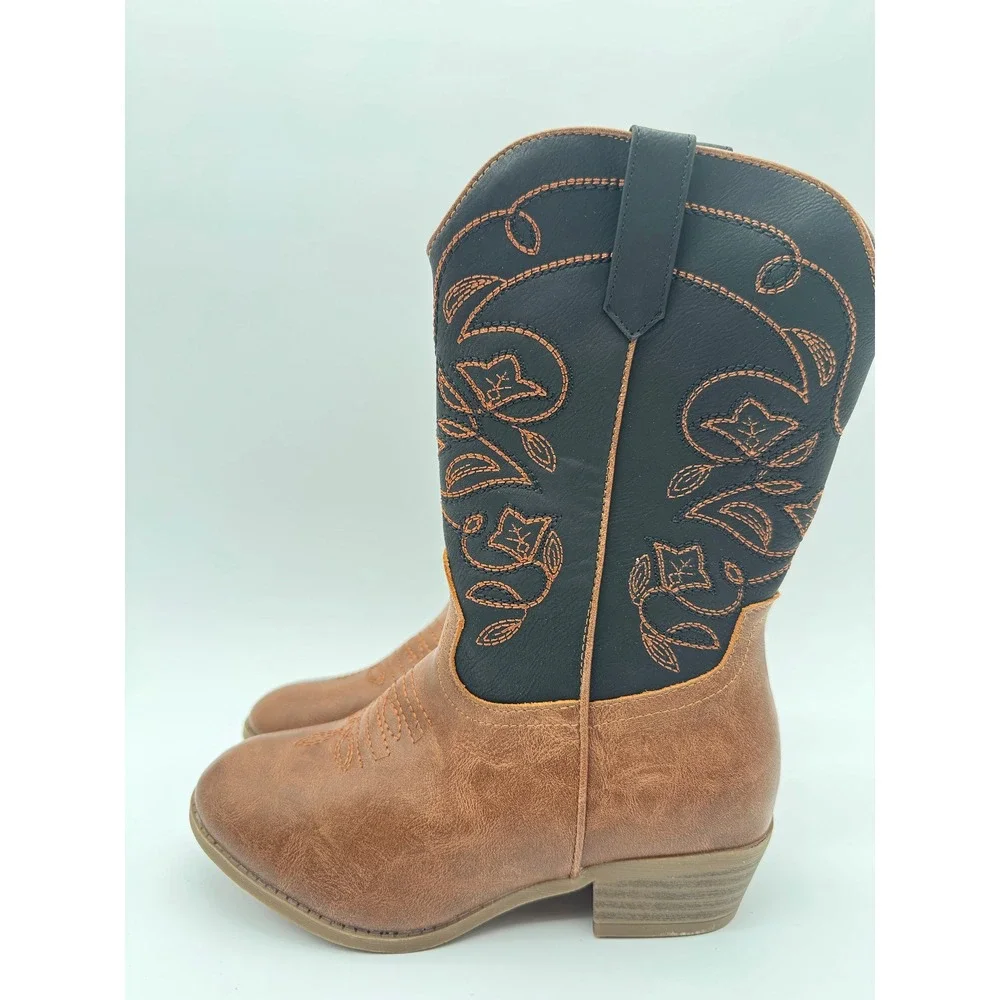 Kids Cowboy Boots Size 3 Brown Black Faux Leather Western Side‎ Zip Embroidered